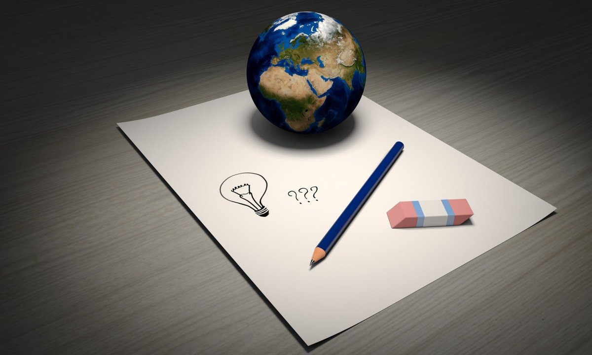 pencil, eraser and a globe on a piece of paper.